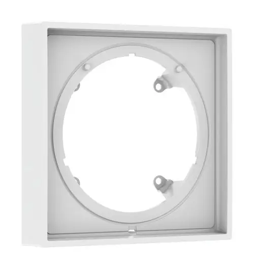 Weißes, quadratisches Montagesystem mit runder Aussparung in der Mitte und Befestigungselementen, geeignet für die Installation von Hansgrohe Produkten.